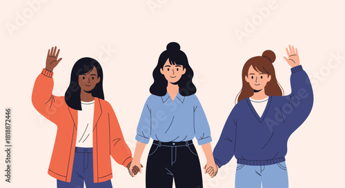 Three diverse women holding hands and waving in a depiction of friendship female empowerment and international unity.
