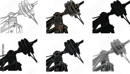 Close-up illustration of electrical insulator and power line hardware, detailed utility component artwork showing industrial energy connection equipment in multiple artistic styles