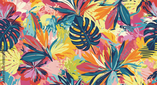 Vibrant and colorful seamless pattern with abstract tropical leaves and flowers in a modern artistic and expressive style.