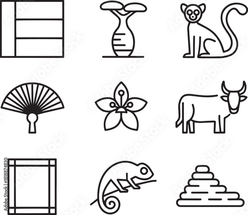 Madagascar culture thin line icons collection depicting traditional symbols landmarks and animals