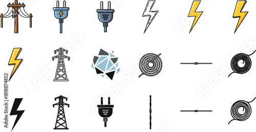 Collection of electrical energy icons featuring power plugs, lightning bolts, cables, transmission towers, and utility elements for modern technology illustration design
