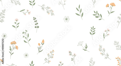 Delicate and airy background with scattered pastel-colored wildflowers and leaves creating a gentle and romantic floral frame.