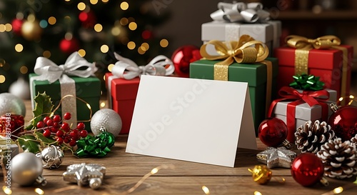 A blank card sits among Christmas gifts and decorations, ready for a holiday message.