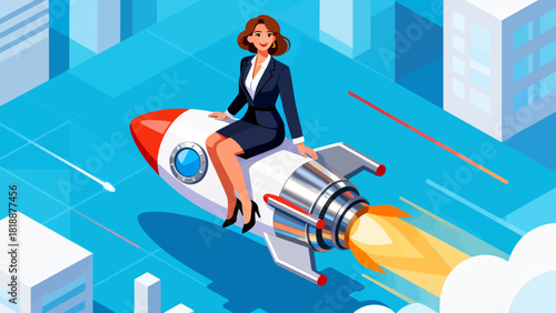 A businessman in a suit rides a rocket over a cityscape, symbolizing the launch and rapid growth of a startup or business venture.