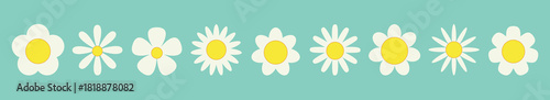 Daisy chamomile set line . Nine white yellow camomile icon. Cute round flower head plant collection. Different shape. Love card symbol. Growing concept. Simple flat design. Blue background. Vector