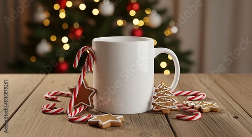 A white mug sits on a wooden surface surrounded by candy canes and Christmas cookies, with a decorated Christmas tree in the background.