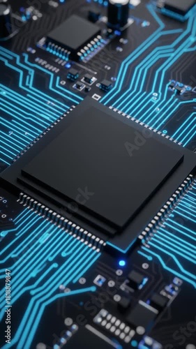 Advanced Circuit Board with Glowing Blue Data Paths and Central Processor.