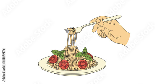 Hand twirling spaghetti with fresh tomatoes and basil on a fork from a plate in a colored sketch-style illustration.