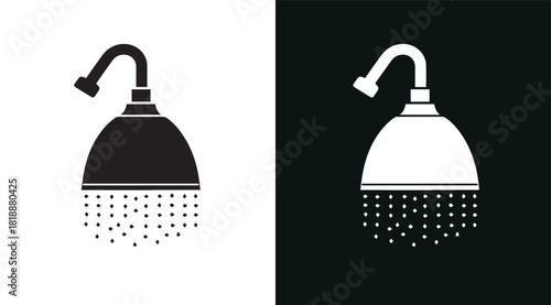 Shower Icon Vector – Flat Black Solid Bathroom Symbol. Black Shower Silhouette Icon. Shower Head Solid Vector. Water Flow Bathroom Icon.