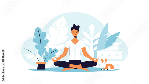 Serene vector illustration of a person meditating peacefully in a seated posture promoting mindfulness and inner calm with soft artistic styling