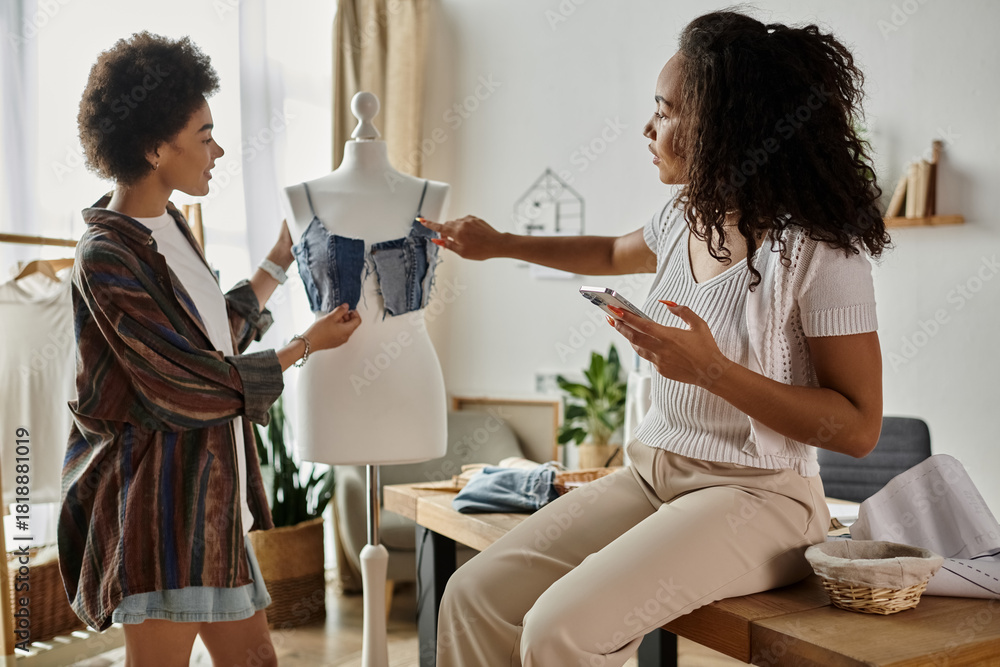 © Bliss - Creative couple upcycling clothes together in their cozy home © Bliss - Creative couple upcycling clothes together in their cozy home