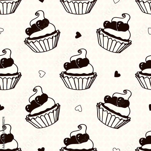 Cupcake  with hearts vector seamless pattern