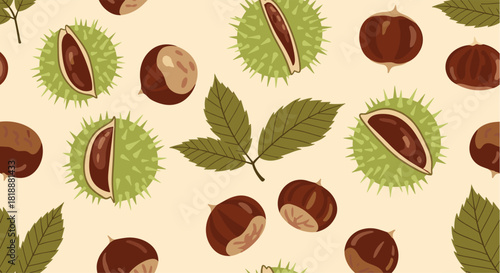 Autumn seamless pattern with whole and opened horse chestnuts and green leaves on a light beige background for fabric or wallpaper.
