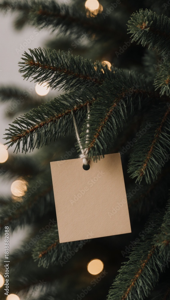Fototapeta premium Ok Fir tree branch with holiday note against a blurred starry backdrop