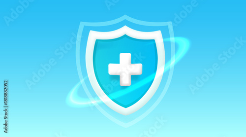 Modern shield icon with a plus sign, symbolizing health, safety, and protection.
