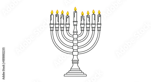 Hanukkah menorah with nine lit candles in a simple black outline with yellow flames for the Jewish festival of lights.
