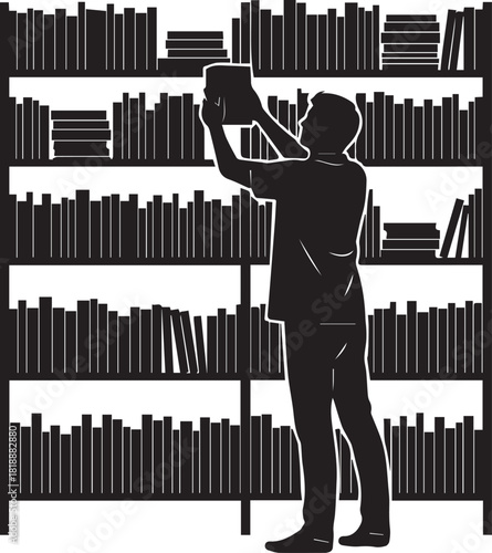 Silhouette of a person reaching for a book on a tall bookshelf full of knowledge
