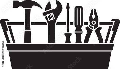 Set of black silhouettes of diverse hand tools in a portable caddy, organized work items