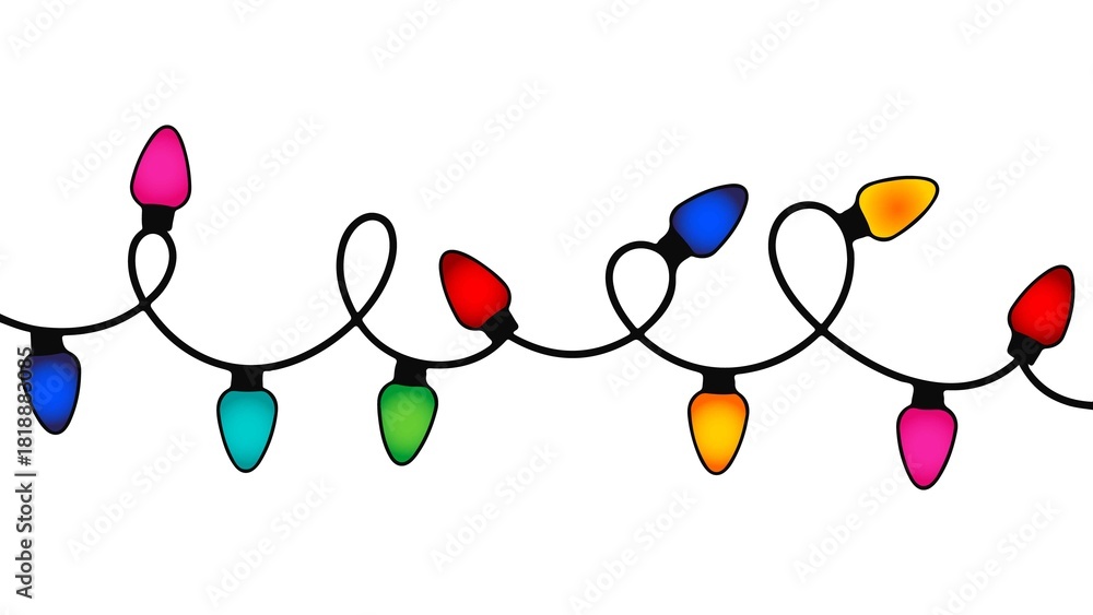 Fototapeta premium Vibrant horizontal garland of classic cone-shaped lights with gradient colors. Ideal for festive banners, holiday designs, and party decorations. PNG with white background.