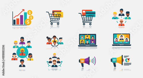 Business Communication and Marketing Strategy Flat Design Icons Illustration Set on White Background