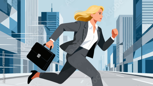 A businessman in a suit runs with a briefcase in an urban city street, symbolizing the fast-paced and dynamic nature of corporate life and business pursuits.