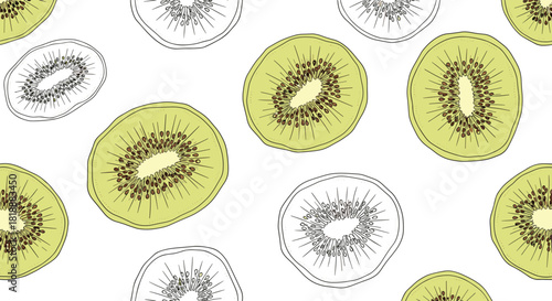 Seamless pattern with hand-drawn kiwi fruit slices in both color and black outline style on a white background.