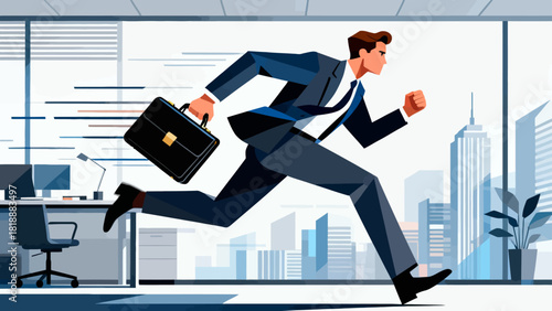 A businessman in a suit runs with a briefcase in an urban city street, symbolizing the fast-paced and dynamic nature of corporate life and business pursuits.