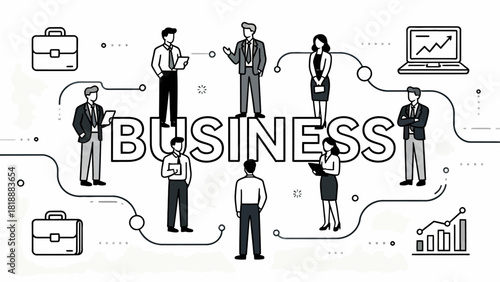 This illustration features a diverse group of business professionals engaging in collaboration and various corporate activities around the word "BUSINESS", highlighting the key elements of teamwork