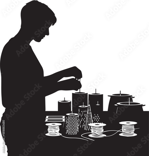 Silhouette of person engaged in craft hobby with various crafting supplies laid out on a table