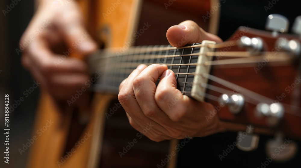 Obraz premium Mano tocando acordes en guitarra acústica en primer plano
