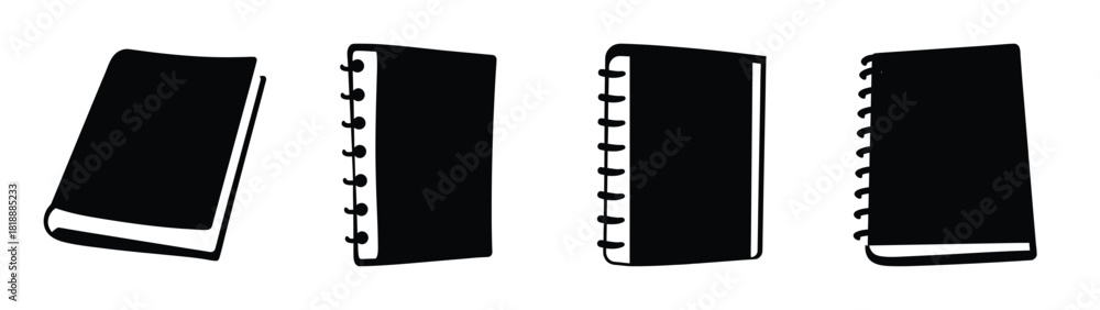 Fototapeta premium Collection of blank black notebooks and journals showcasing different angles and styles