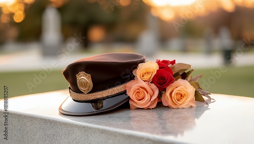 A police officer's cap rests on a granite surface, adorned with a bouquet of roses, a solemn tribute