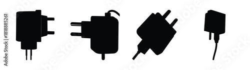 Collection of four different black power adapters and chargers silhouettes