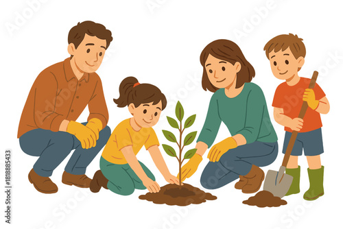 Happy family planting a tree seedling in soil for environmental conservation