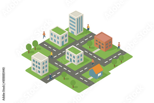 Detailed isometric city map layout featuring residential and commercial buildings, roads, sidewalks, and walking pedestrians