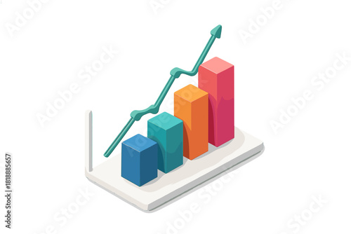 Colorful isometric bar chart showing business growth and financial success with an upward trend line