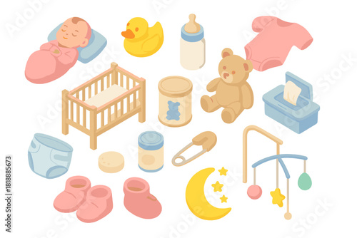 Cute isometric baby items set with sleeping infant, crib, toys, and feeding supplies