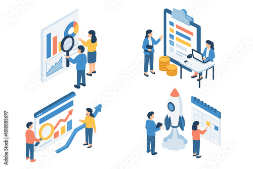 Isometric scenes of business strategy, data analysis, financial planning, startup launch, and project management