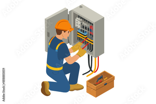 Professional electrician installing or repairing electrical wiring in a power distribution box wearing safety gear and gloves