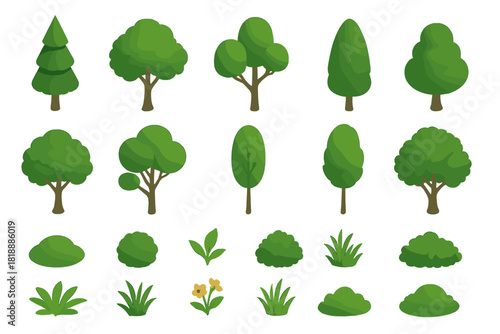 Stylized green trees, bushes, and plants collection for natural landscape design
