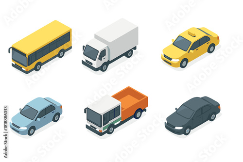 Isometric urban transport vehicles set with bus, taxi, delivery truck, and passenger cars