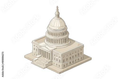 Isometric view of the Capitol Building dome and facade in Washington DC