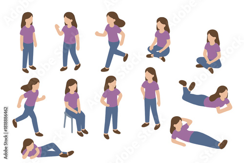 Isometric young woman character poses standing running sitting and lying down