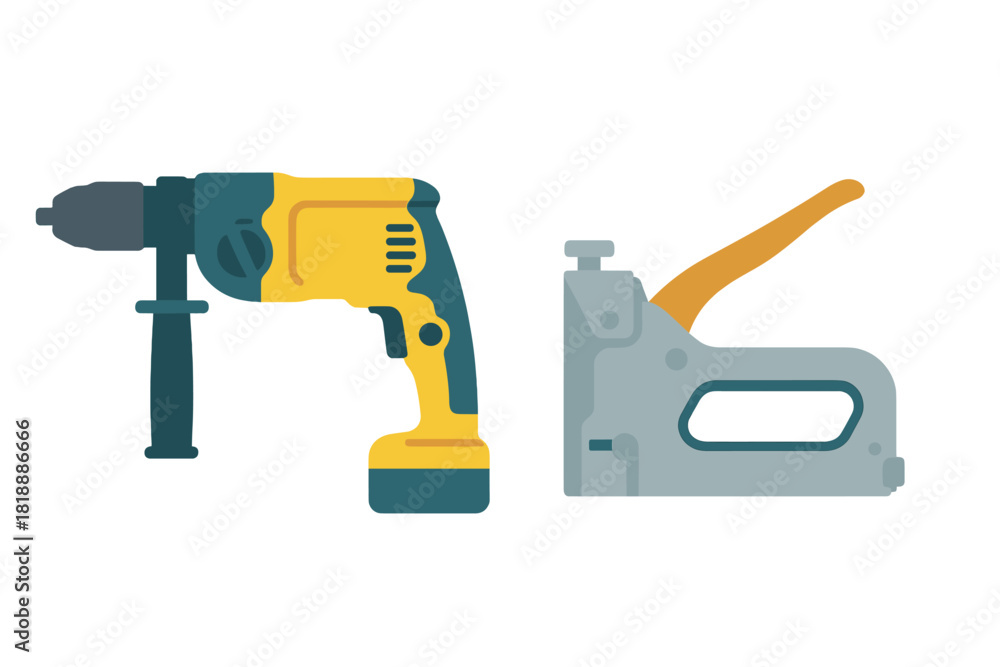 Φωτογραφία Yellow power drill and heavy-duty staple gun for construction and DIY projects