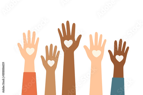 Diverse group of raised hands with varying skin tones and heart shapes symbolizing unity and charity