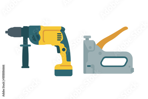 Yellow power drill and heavy-duty staple gun for construction and DIY projects