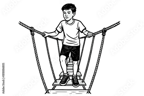 Young boy carefully crossing a suspended rope bridge during an outdoor adventure