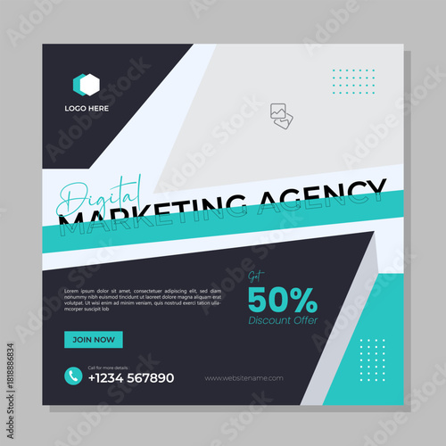 Digital marketing agency social media poster design template with fifty percent discount offer.