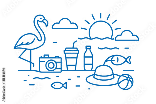 Tropical summer holiday scene with flamingo, camera, beach ball, and sun