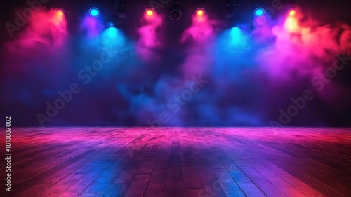 A stage with wood flooring is illuminated with red, blue, and pink lights against smoke